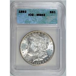 1892 MORGAN SILVER DOLLAR ICG MS63 NICE