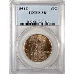 1934 D WALKING LIBERTY HALF DOLLAR PCGS MS 65 GEM! RAINBOW OBV WHITE BLAST REV