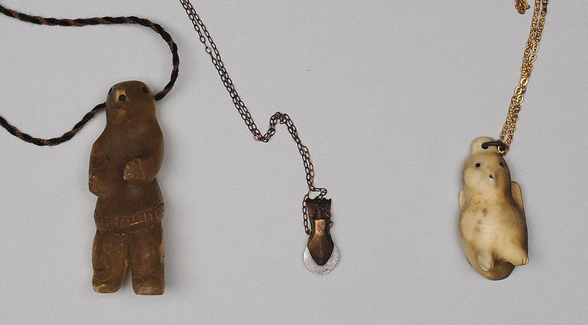 Three Inuit Carved Ivory Pendants 3/4" W. 2" W. Good Condition NOT