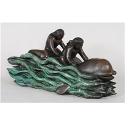 Superb Abraham Anghik Ruben Bronze of Two Siblings Riding a Beluga 1/1  33" L. 14 1/2" H. 11" W. 100