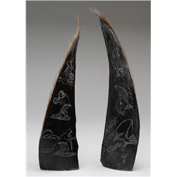 Two Scrimshaw Baleen Panels with Arctic Scenes 13" L.  Good Condition NOT ALLOWED TO SHIP OUTSIDE CA