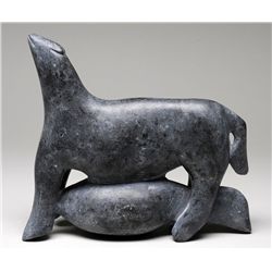Beluga and Arctic Fox by Silas Ilungiayuk Miki (1944-) Eskimo Point 8  L. 7  H. Good Condition