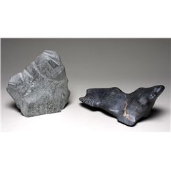 Two George Arlu Carvings; Seal 12" L. 5 1/2" H. and Emerging Faces 9" H. 8 1/2" W.  Both in Good Con