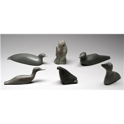 Six Bird Carvings by Various Sanikiluaq Artists Including Thomassie Kow Charlie 4 1/2  L. - 10  L.