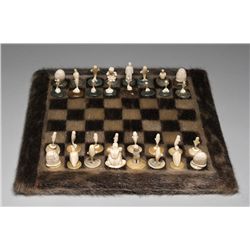 Inuit Carved Chess Set on Sealskin Board - Artist Unknown Good Condition NOT ALLOWED TO SHIP OUTSIDE