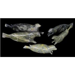 Five Audla Pee Seal Sculptures - Cape Dorset 8" L. - 13" L.  All in Good Condition