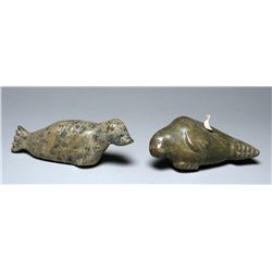 Baby Walrus with Bird Sculpture by Joanasie Koonielvies - Lake Harbor 6 1/2" L 3" H. and Seal Sculpt