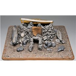Multi Media Igloo Scene Carved by David Issigatuk - Hall Beach 16"x 18"  Good Condition