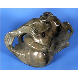 Quavoroa Tunnillie (1928-) Sculpture of a Man Wrestling a Walrus - Cape Dorset 19" W. 15" H.  Good C