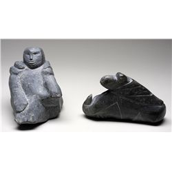 Jimmy Qiyuk Carving of an Inuk - Baker Lake 7 1/2" H. 8 1/2" W. and Mother and Child with Seal Carve