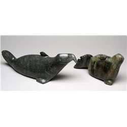 Peter Ning Bird and Seal Carving - Cape Dorset 18" L. 6 1/2" H. and a Parnee Peter Seal Carving - Ca
