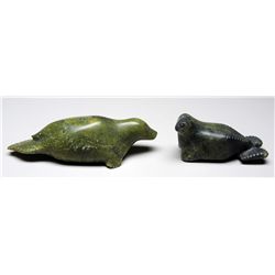 Two Seal Carvings by Sam Toon - Cape Dorset, 6  L. - 9 1/2  L.  Good Condition