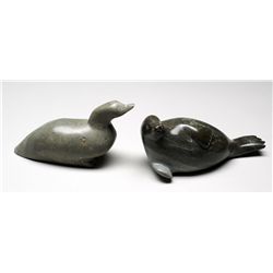 Carving of a Duck by Shoapik - Sanikiluaq 6 1/4  L. 3 1/2  H. and a Seal Carving by Maki Sala - Sani