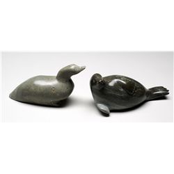 Carving of a Duck by Shoapik - Sanikiluaq 6 1/4" L. 3 1/2" H. and a Seal Carving by Maki Sala - Sani