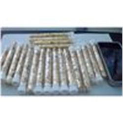 20 LARGE VIALS OF GOLD FLAKES, 4"