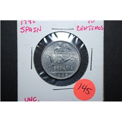 1945 Spain 10 Centimos Foreign Coin; UNC; EST. $10-15