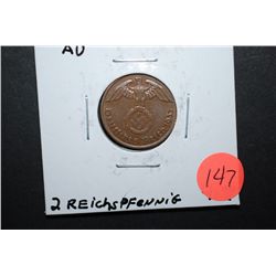 1937-A German 2 Reichspfennig Foreign Coin With Flying Eagle Holding Swatstika; AU; EST. $10-15