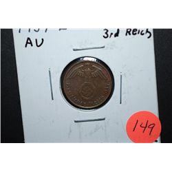 1937-E German 2 Reichspfennig Foreign Coin With Flying Eagle Holding Swatstika; AU; EST. $10-15