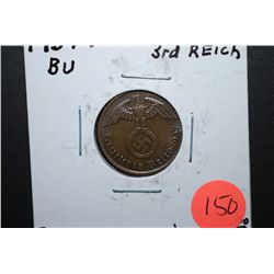 1937-F German 2 Reichspfennig Foreign Coin With Flying Eagle Holding Swatstika; BU; EST. $10-15