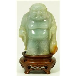 GREEN AND RUSSET JADEITE FIGURE OF HOTEI