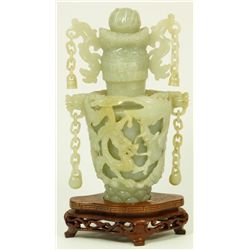 CHINESE GREENISH WHITE JADE REVOLCING VASE & COVER