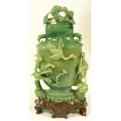JADEITE CARVED LIDDED VESSEL w RAISED FLORA