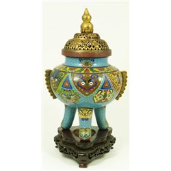 CHINEST CLOISONNE TRIPOD CENSOR WITH FINIAL COVER