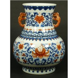 18th C CHINESE BLUE WHITE AND IRON RED VASE