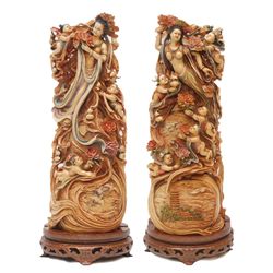 Pr CHINESE CARVED POLYCHROMED IVORY GOURD PLAQUES