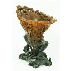 CHINESE CARVED RHINOCEROS HORN FLORAL LIBATION CUP