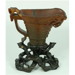 CHINESE CARVED RHINOCEROS HORN DRAGON LIBATION CUP