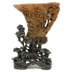 FINE CARVED & RARE RHINO HORN LIBATION CUP 17th C