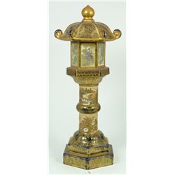 19th C GOSU BLUE SATSUMA TEMPLE CANDLESTICK