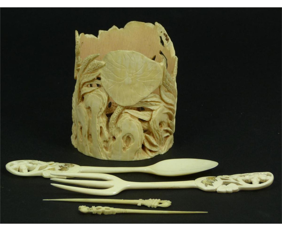 CHINESE CARVED IVORY BRUSH POT & TOOLS