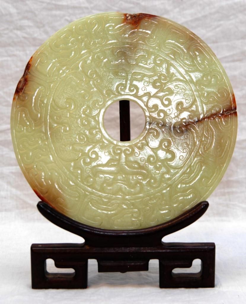 CHINESE ARCHAIC FORM JADE RELIEF BI DISC ON STAND