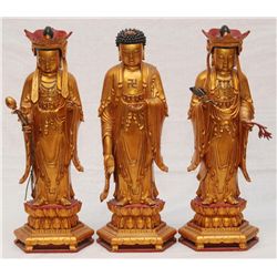 SET OF 3 18th C STANDING GILDED WOOD BUDDHA