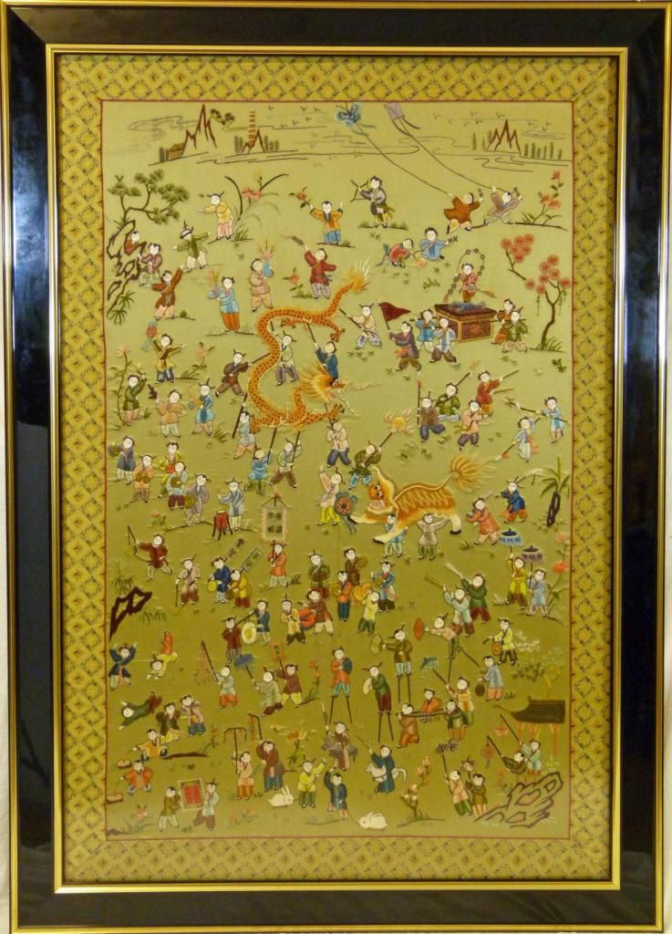 20th C CHINESE SILK EMBROIDERY 100 CHILDREN Chinese dragon front silk embroidery antique rugrabbit roundel mang heaven threads gold