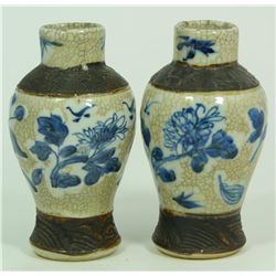 Pr OF 19th C BLUE BROWN & WHITE CRACKLE VASES