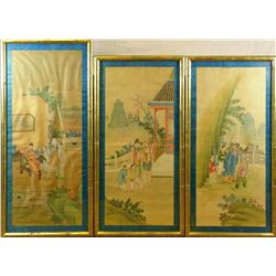 SET OF 3 CHINESE OIL PAINTINGS ON SILK