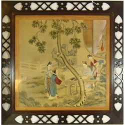 CHINESE OIL PAINTING ON SILK OF COURTYARD SCENE