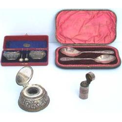 Victorian HM silver inkwell with floral repousse decoration