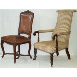 Good quality C19th French carved walnut & leather upholstered side chair