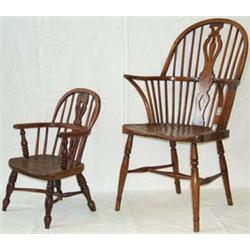 Early C19th child's yew-wood Windsor elbow chair with pierced splat