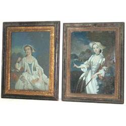 Pair of C18th reverse paintings on glass - SHEPHERDESS and MAIDEN HARVESTER -