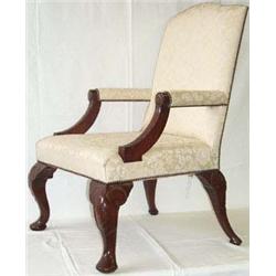 George III style mahogany & pale yellow floral upholstered gainsborough