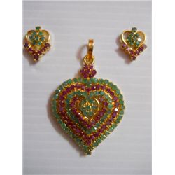 63.40 CTW GOLD PLATED EMERALD/RUBY PENDANT AND EARRING