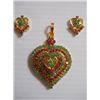 Image 1 : 63.40 CTW GOLD PLATED EMERALD/RUBY PENDANT AND EARRING