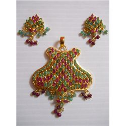 90.50 CTW GOLD PLATED EMERALD AND RUBY PENDANT AND EARR