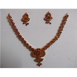 158.10 CTW GOLD PLATED RUBY NECKLACE AND EARRING SET ST
