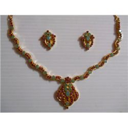 160.15 CTW GOLD PLATED EMERALD AND RUBY NECKLACE AND EA